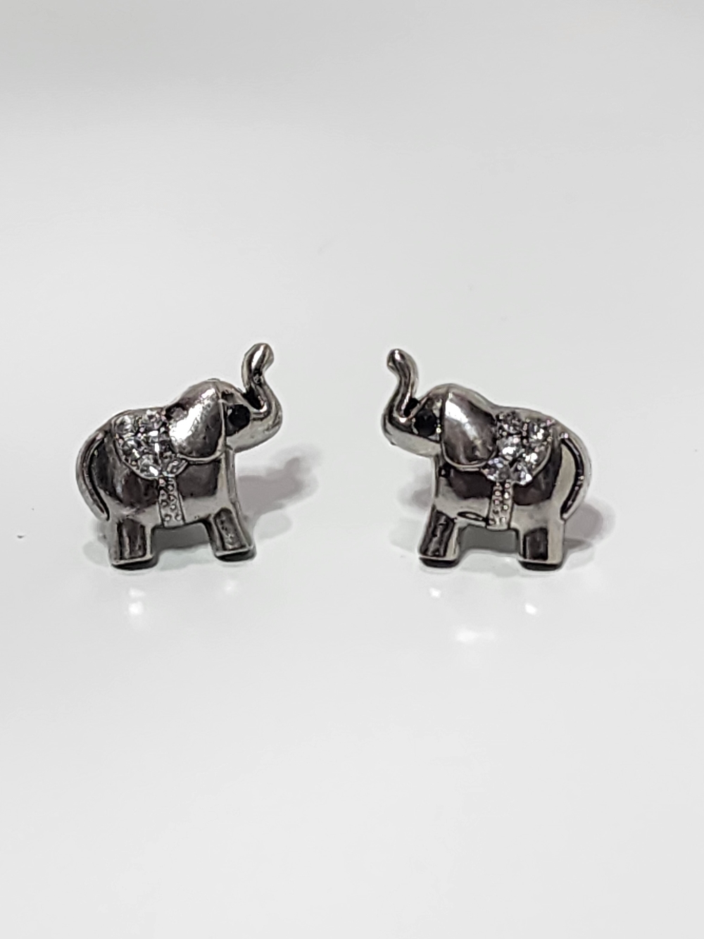 Trunk Up Silvertone Elephant Stud Earrings with Crystal Accents